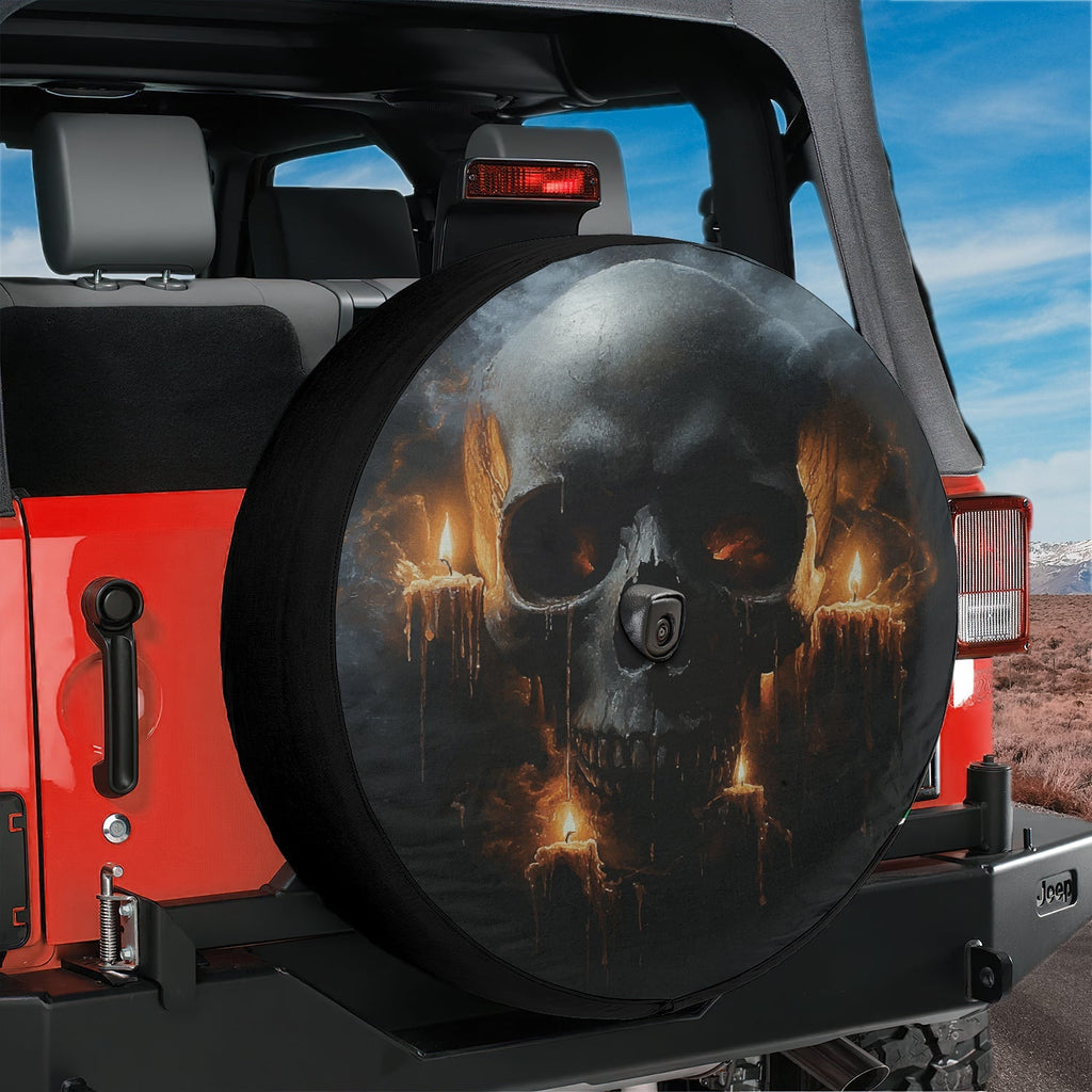 Dark Macabre Skull spare tire cover on black Jeep Wrangler rear gate with dripping candles and skull