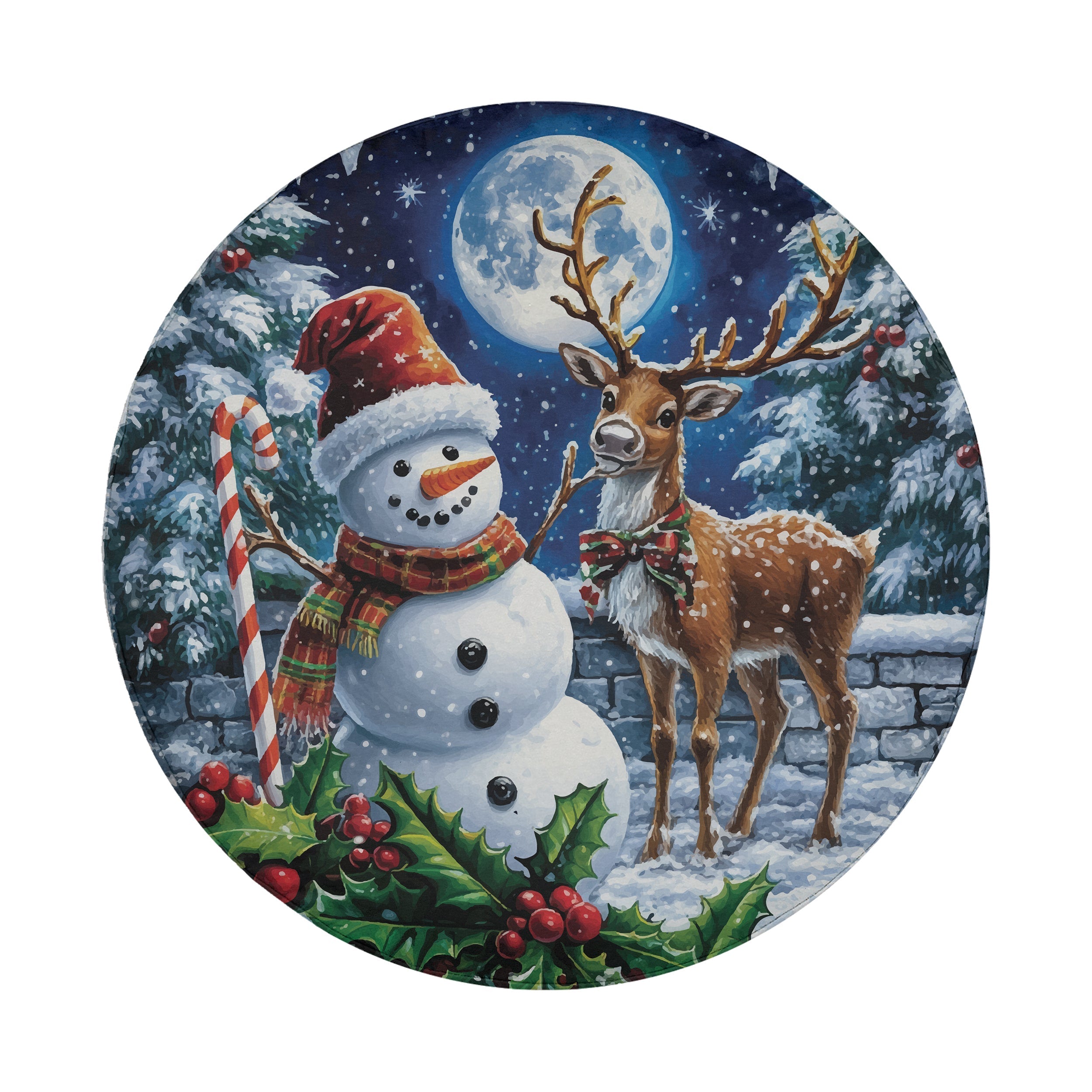 Round spare tire cover art showing a snowman and deer beneath a full moon with holly and berries