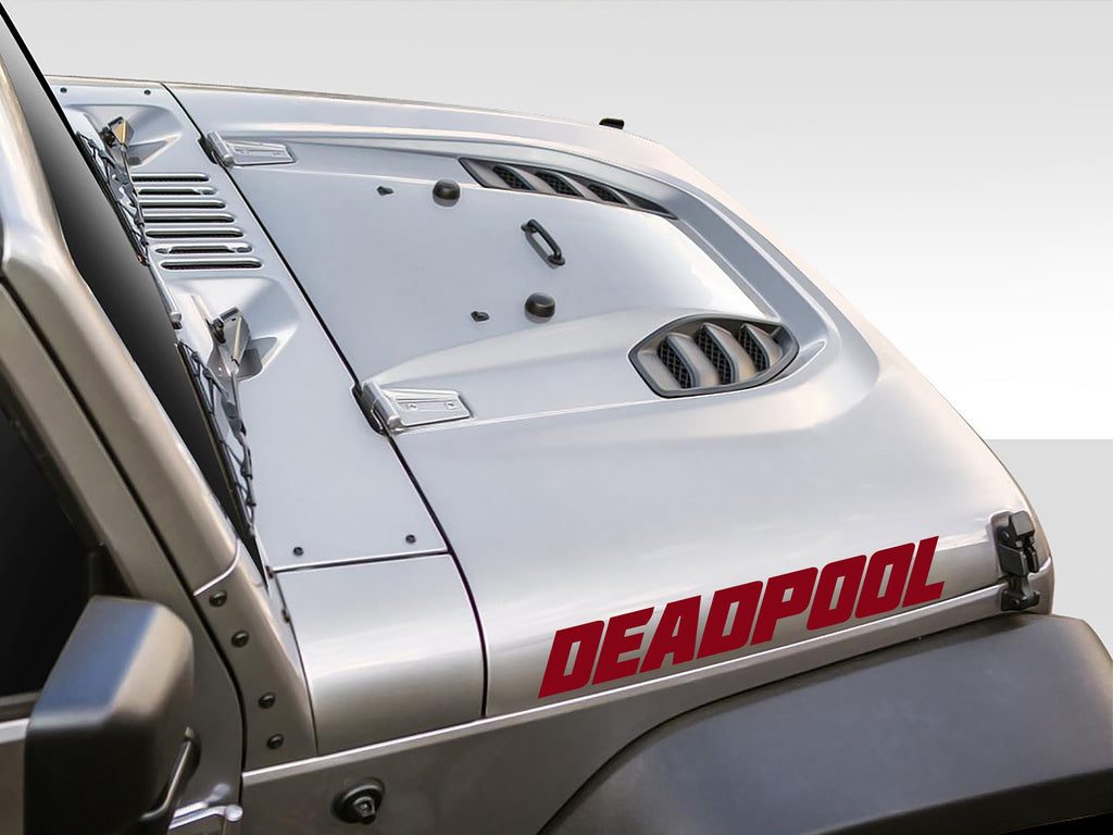 Deadpool font sample for custom text Jeep hood lettering decal shown in comic-book style black letters