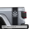 Black Decepticon star bedside stripe decal pair installed on Jeep Wrangler JL pickup bed
