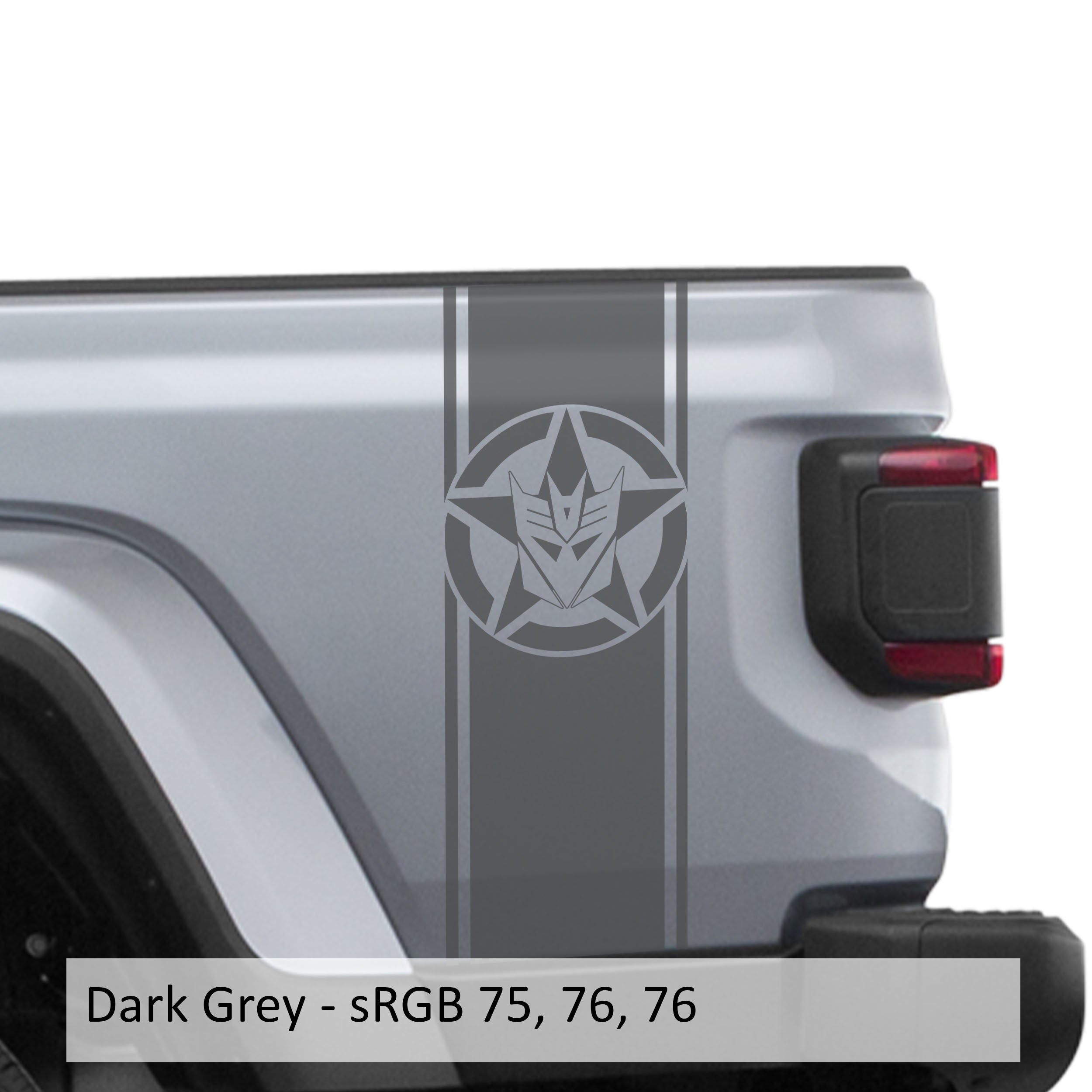Dark gray Decepticon star bedside stripe decal pair on Jeep Wrangler JL pickup bed