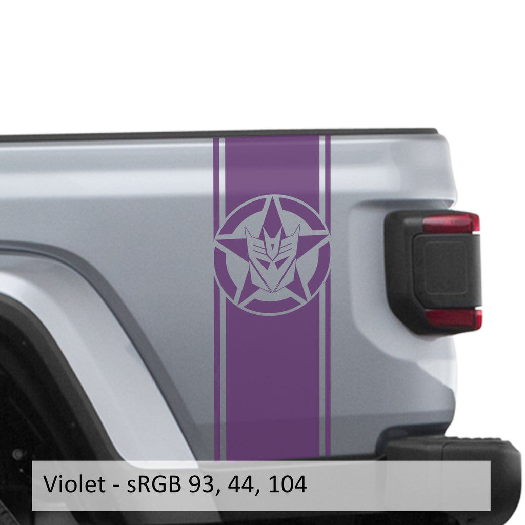 Violet Decepticon star bedside stripe decal pair installed on Jeep Wrangler JL pickup bed