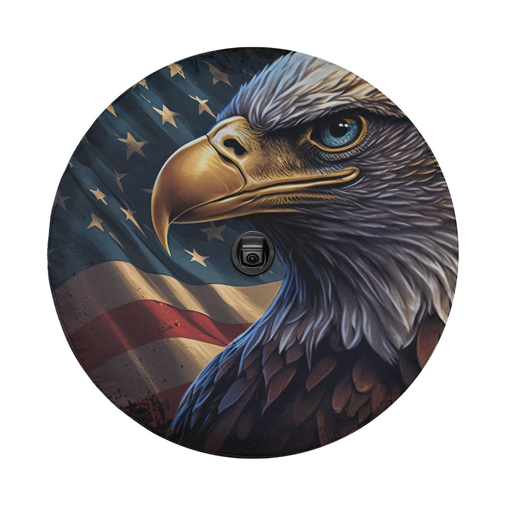 Round flat art of a regal bald eagle with stars and waving American flag for patriotic tire cover