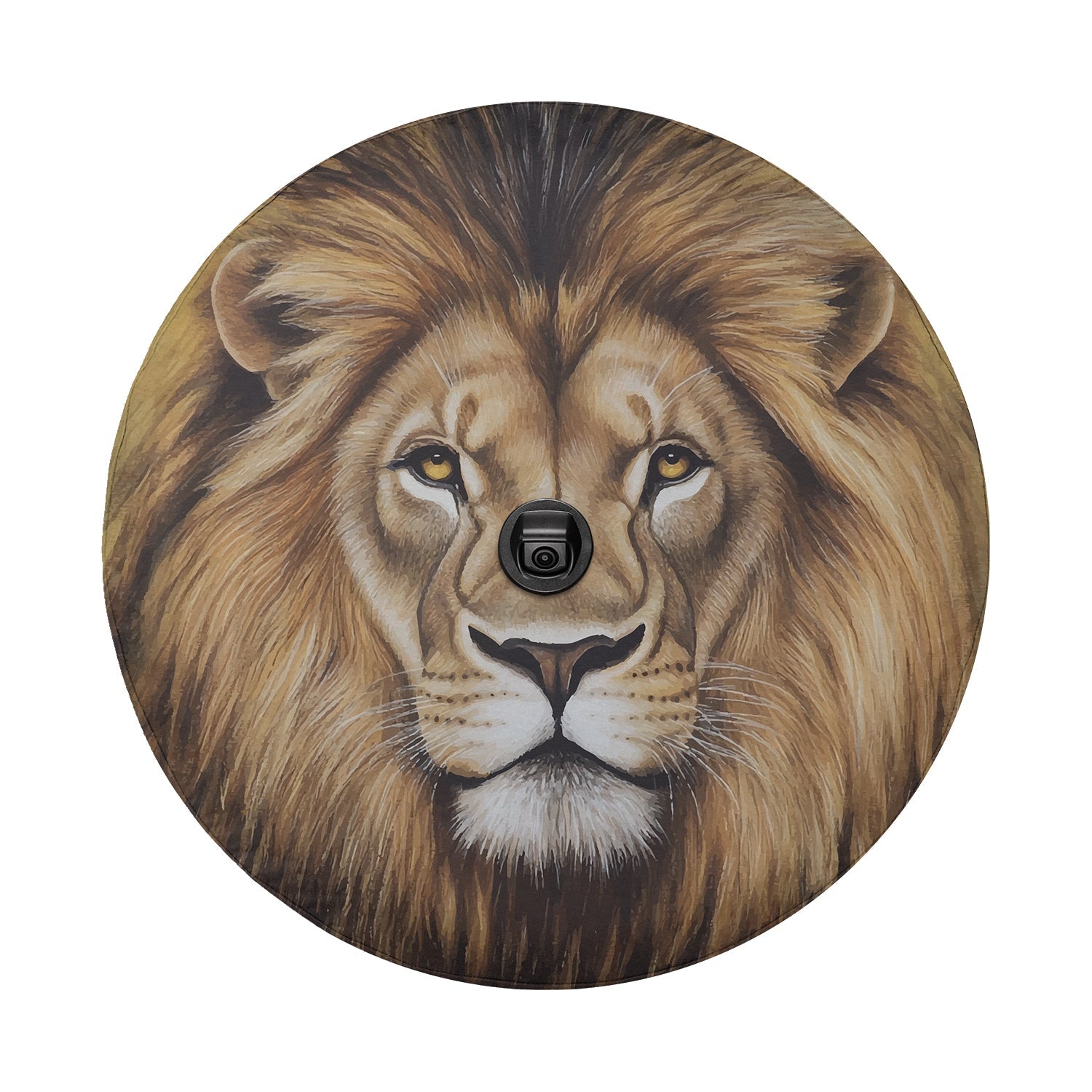 Lion of Judah tire cover product mockup on red Ford Bronco rear desert backdrop with lion portrait art