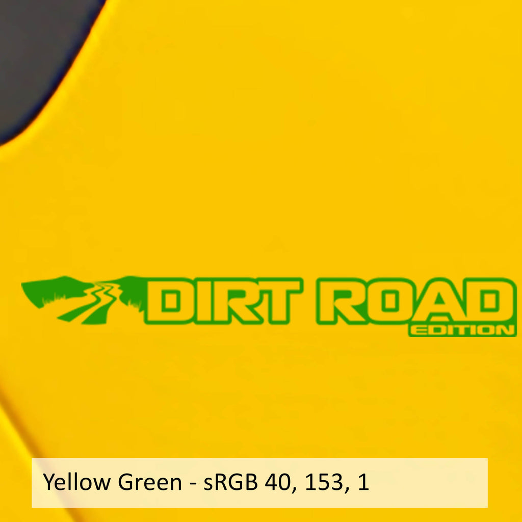 Dirt Road Edition fender decal pair in yellow-green vinyl with mountain road graphic