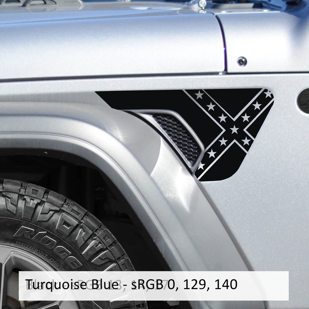 Black Rebel Dixie blackout fender vent transfer decal pair laid flat showing Confederate flag art