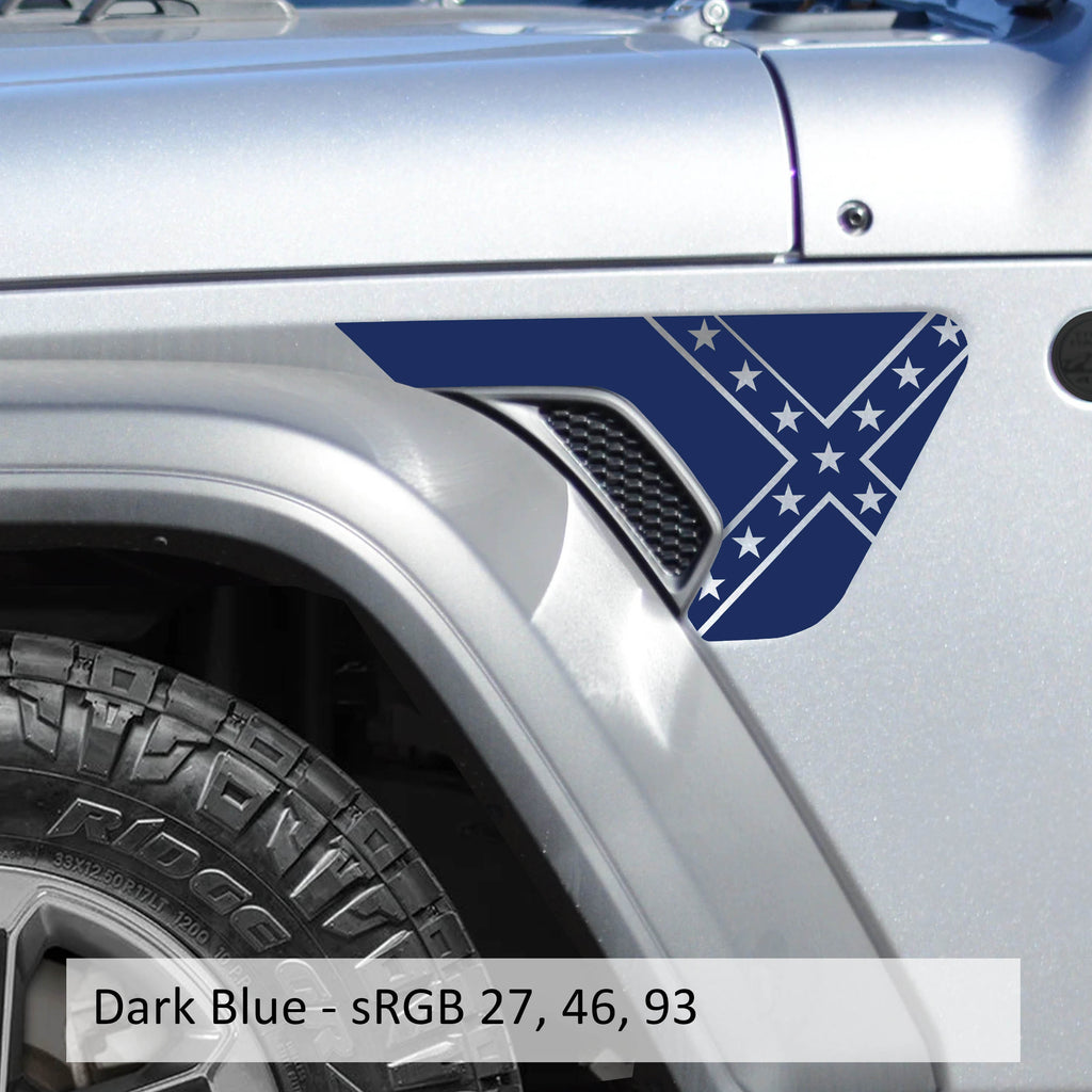 Dark blue Rebel Dixie blackout fender vent transfer decal pair laid flat showing Confederate art