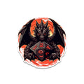Black dragon with glowing red eyes coiled around a large polyhedral D20 over orange flame-burst backdrop