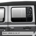 Black dog paw print pattern side rear window decal shown on silver Jeep Wrangler JLU 4-door