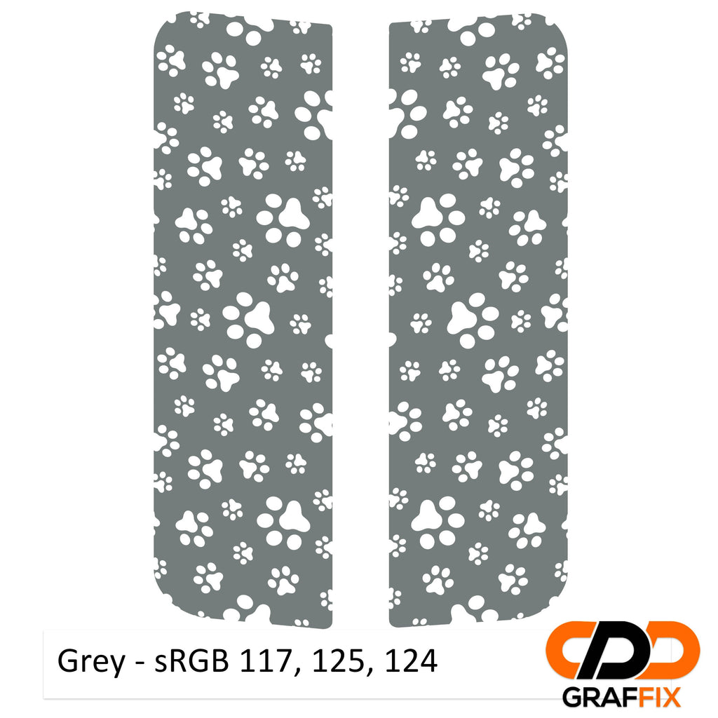 Grey dog paw print pattern side rear window decal kit shown for Jeep Wrangler JKU four door model