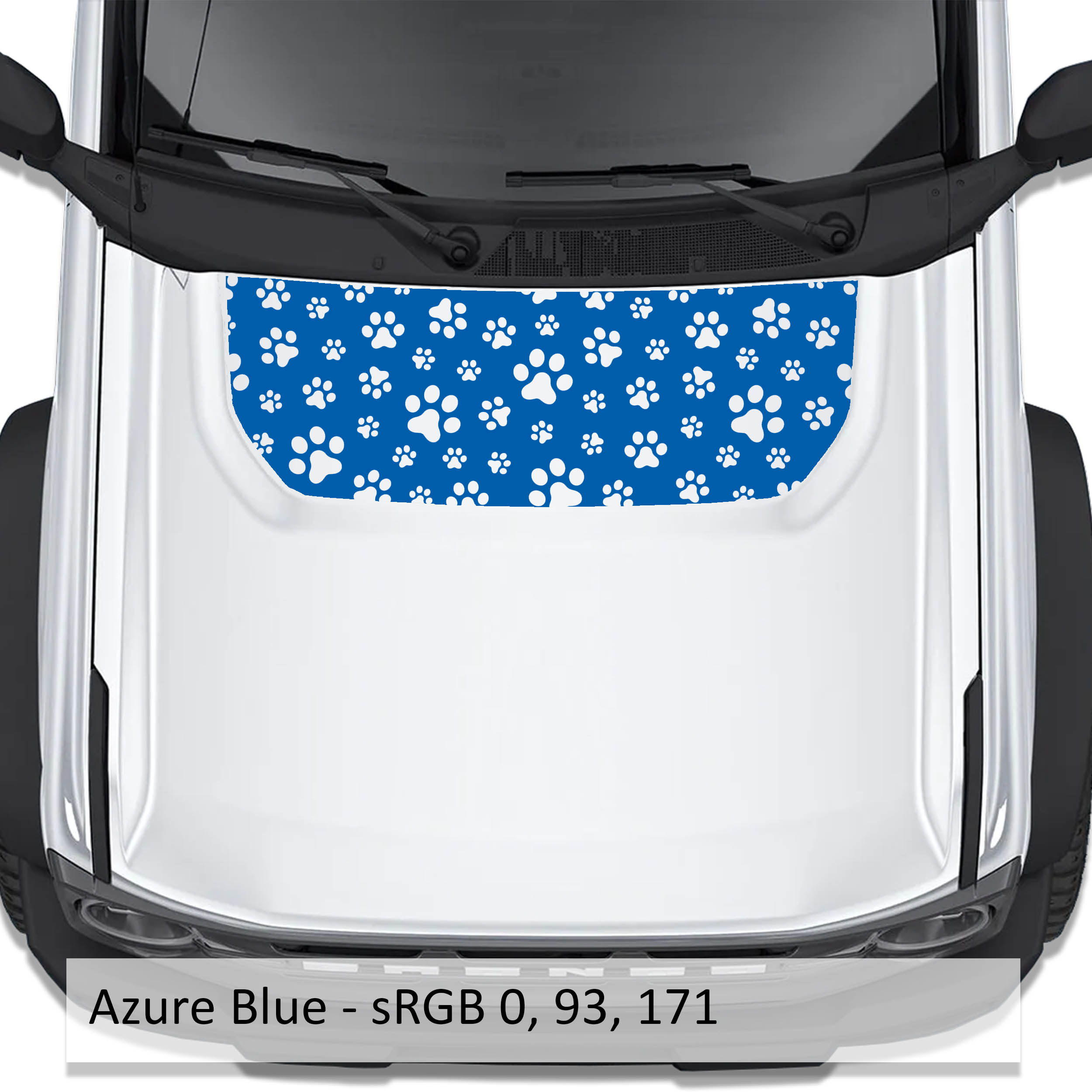 Azure blue dog paw print blackout hood decal on Ford Bronco 2021 plus with color code swatch