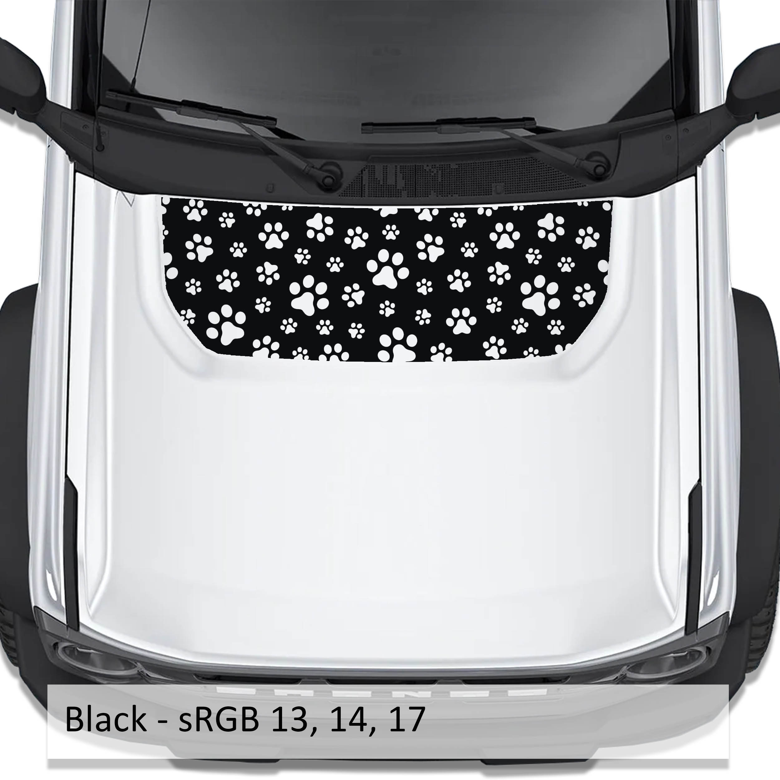 Black dog paw print blackout hood vinyl decal on Ford Bronco 2021 plus with color code swatch