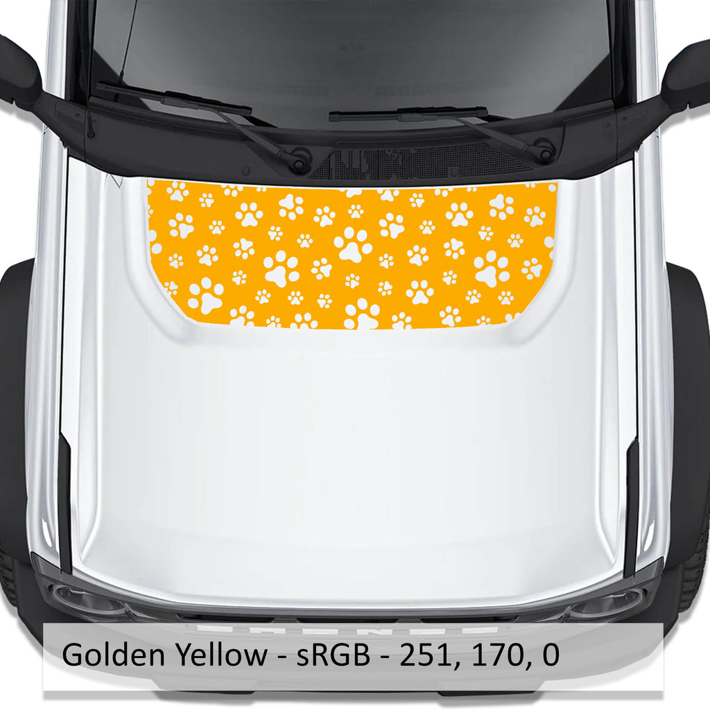 Golden yellow dog paw print blackout hood decal on Ford Bronco 2021 plus with color code swatch