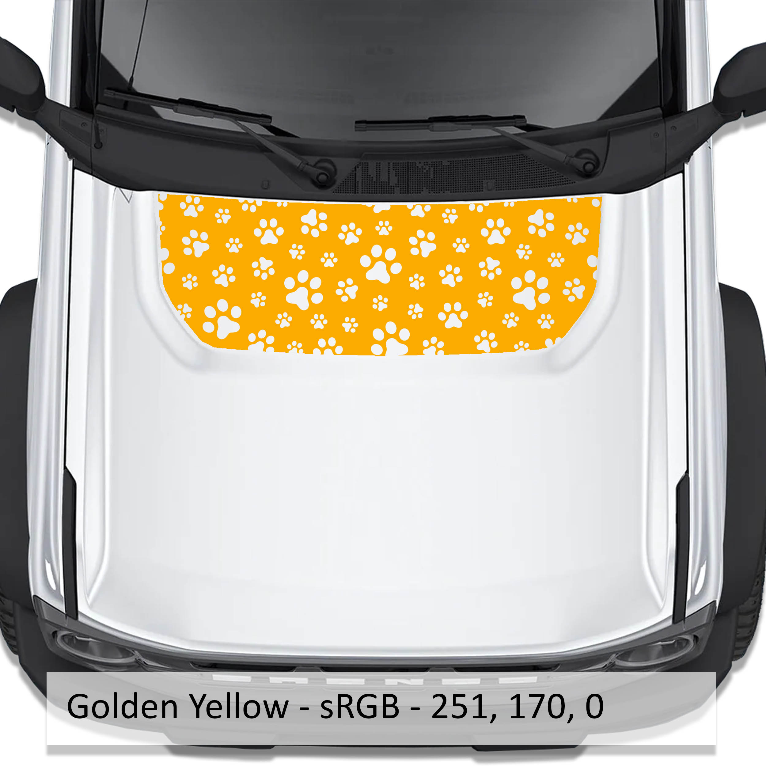 Golden yellow dog paw print blackout hood decal on Ford Bronco 2021 plus with color code swatch