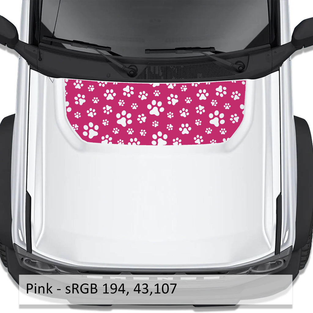 Pink dog paw print blackout hood vinyl decal on Ford Bronco 2021 plus with color code swatch