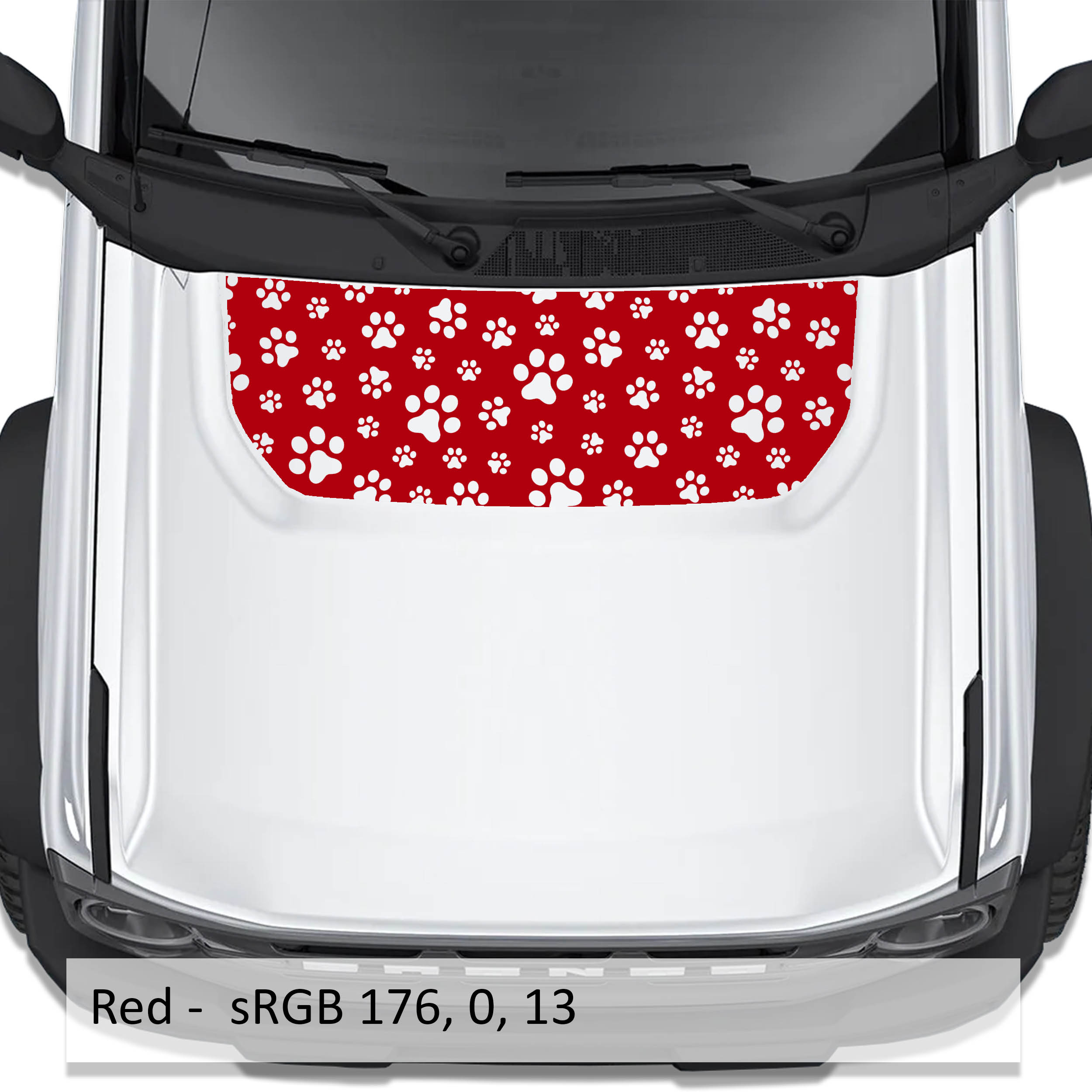 Red dog paw print blackout hood vinyl decal on Ford Bronco 2021 plus with color code swatch