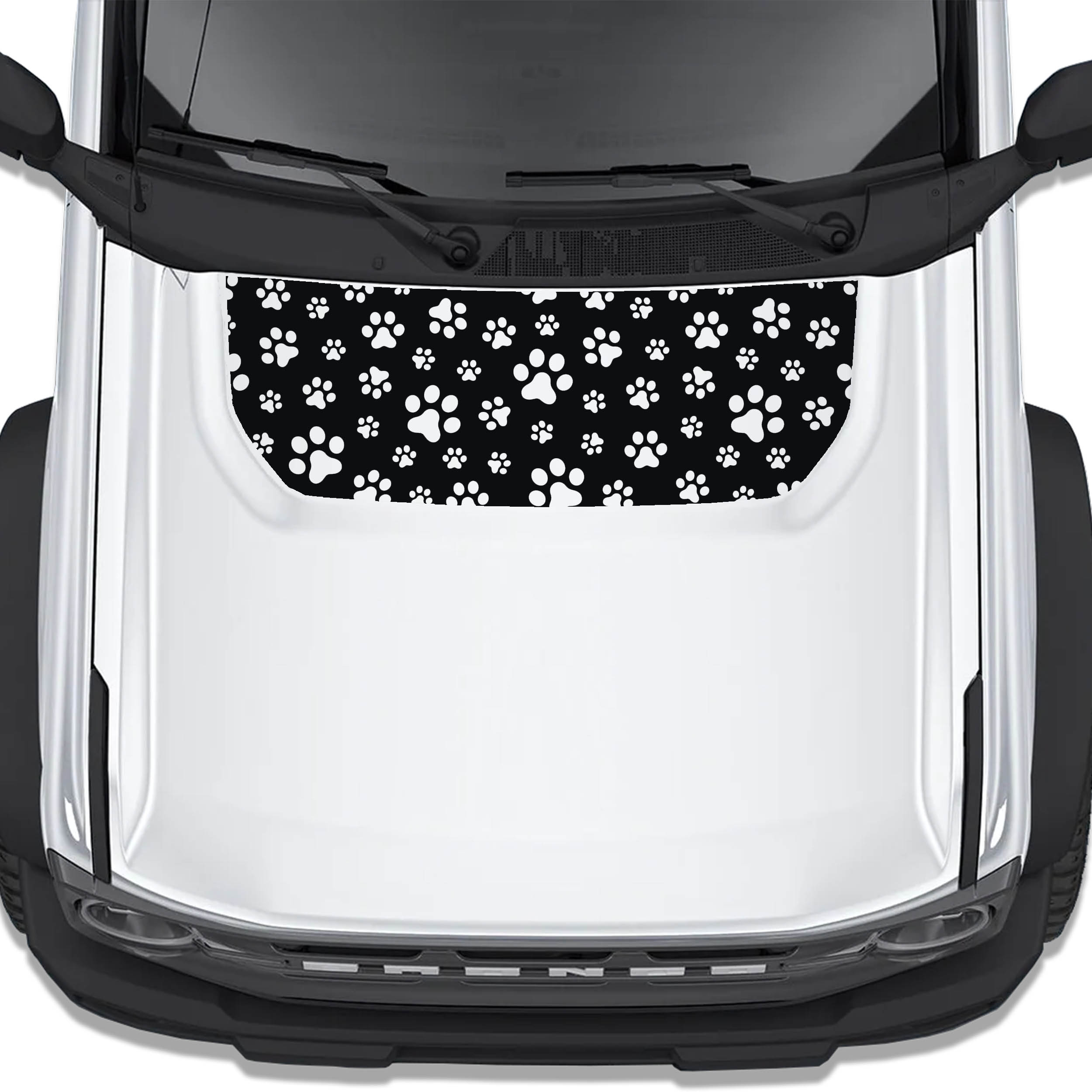 White dog paw print blackout hood vinyl decal installed on Ford Bronco 2021 plus, top view