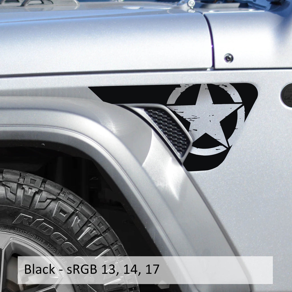 Black distressed Alpha Romeo Freedom Star decal applied to factory billet fender vent on Jeep Wrangler JL