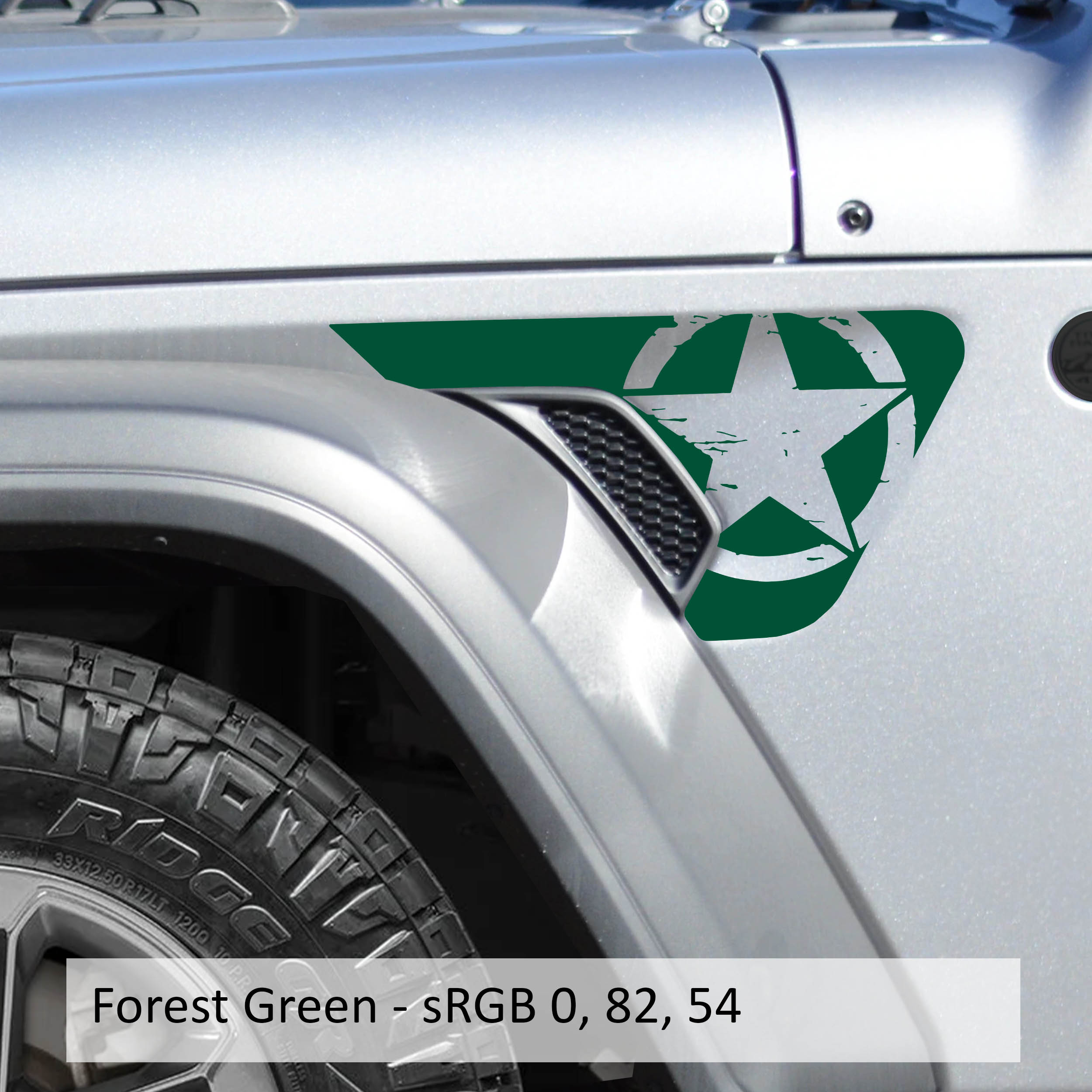 Forest green distressed Alpha Romeo Freedom Star decal on Jeep Wrangler JL billet style fender vent