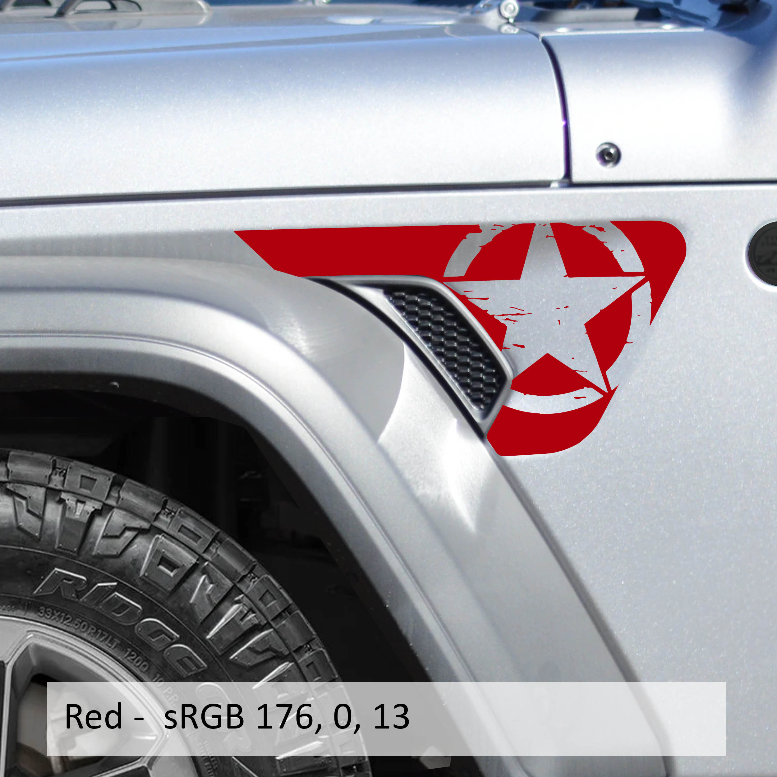 Red distressed Alpha Romeo Freedom Star vinyl decal installed on Jeep Wrangler JL billet fender vent