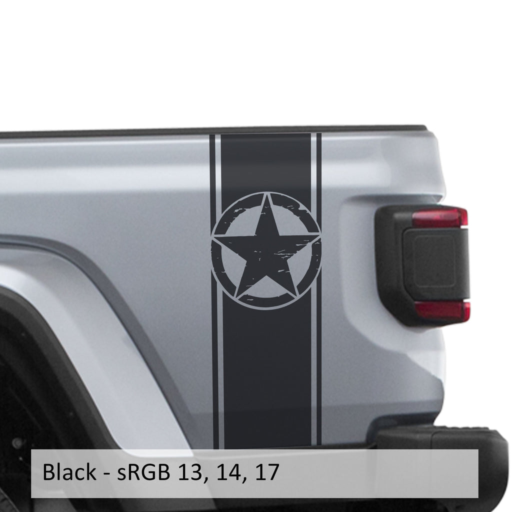 Black distressed Alpha Romeo star bedside stripe decal on Jeep Wrangler JL pickup bed