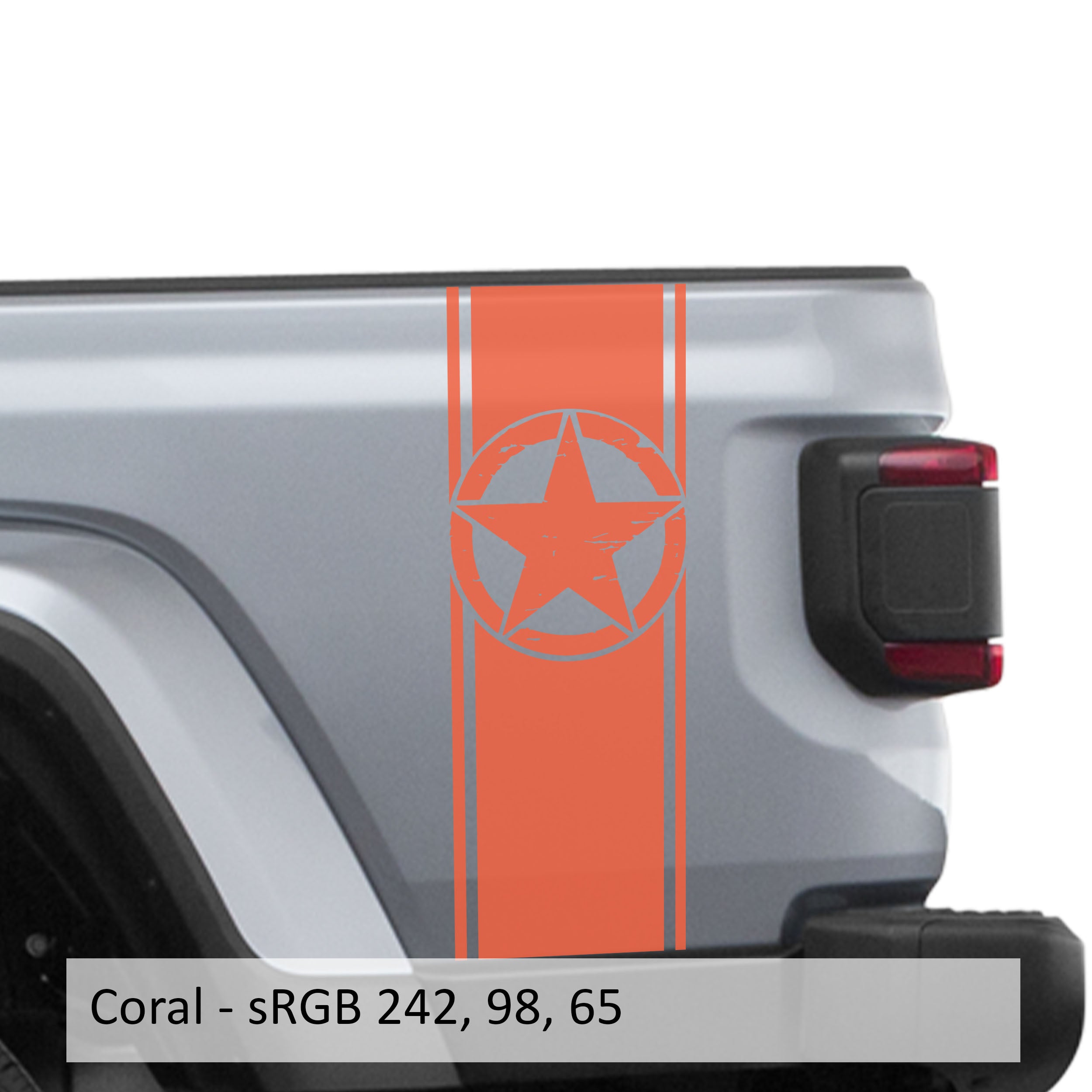 Coral distressed Alpha Romeo star bedside stripe decal on Jeep Wrangler JL pickup bed