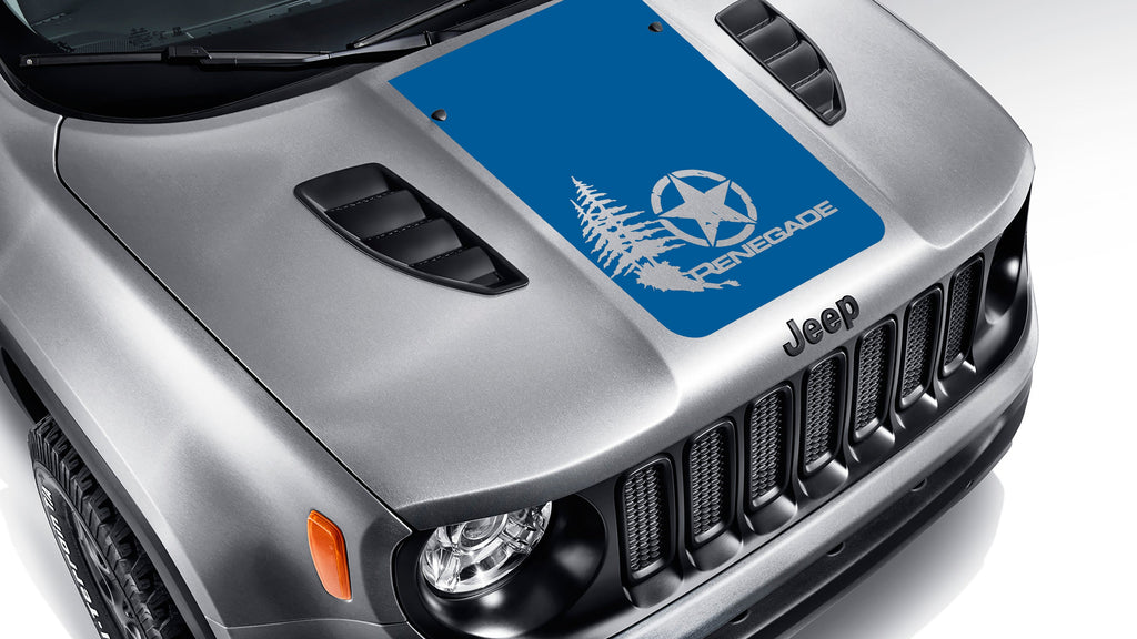 Azure blue distressed star with pine trees blackout hood decal on silver Jeep Renegade hood