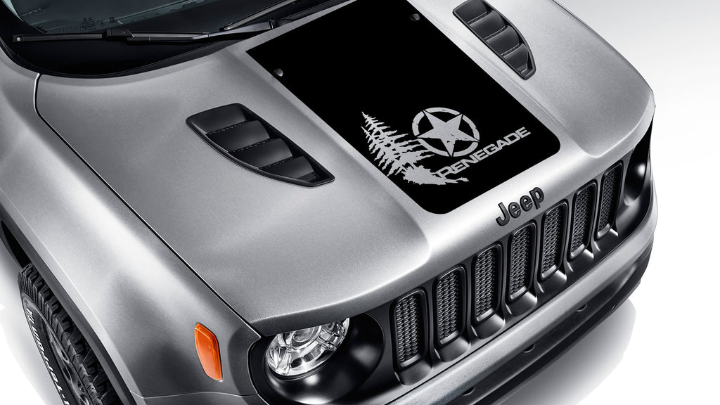 Black distressed star with pine trees blackout hood decal on silver Jeep Renegade with tire tread
