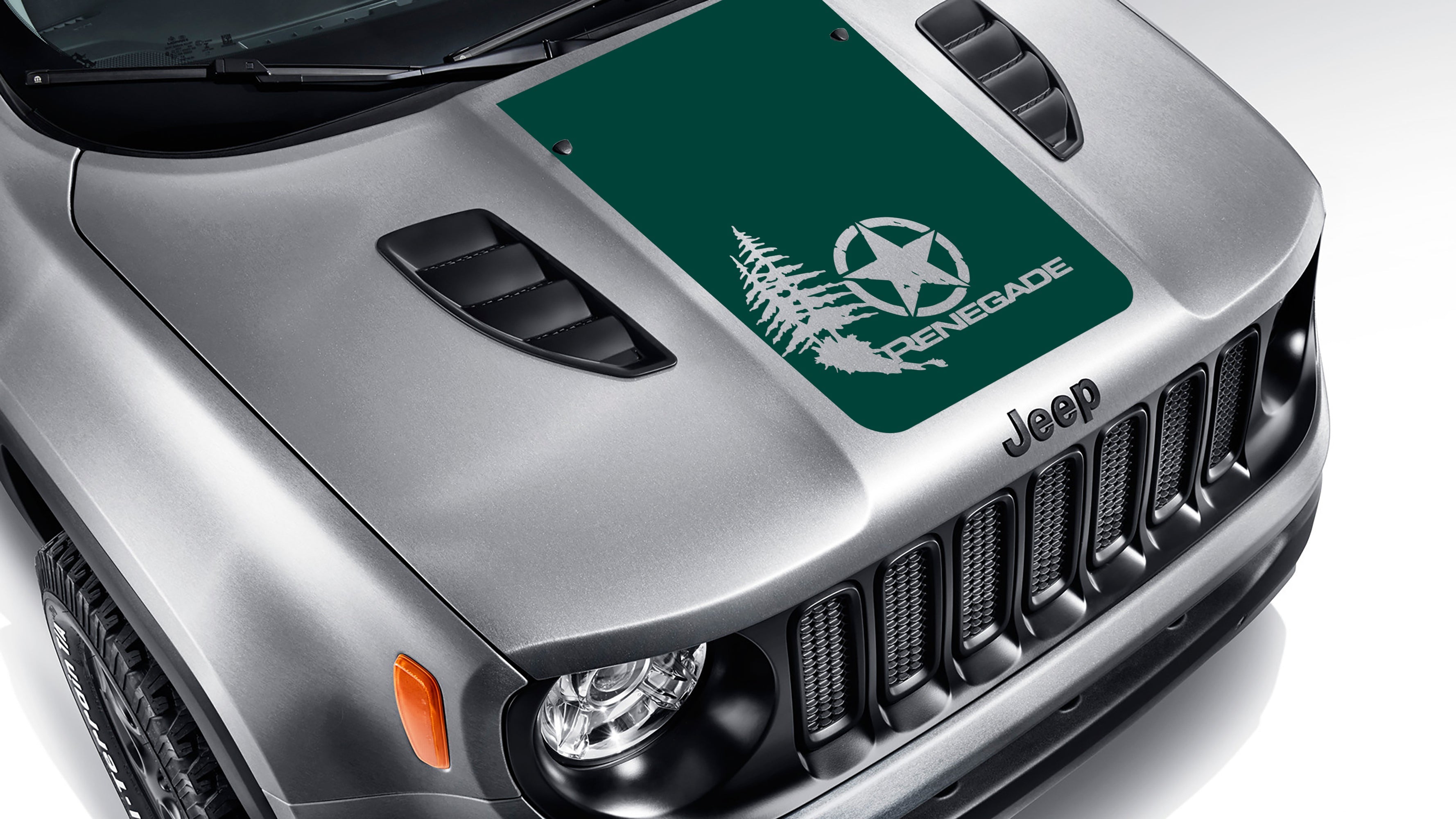 Forest green distressed star with pine trees blackout hood decal on silver Jeep Renegade hood