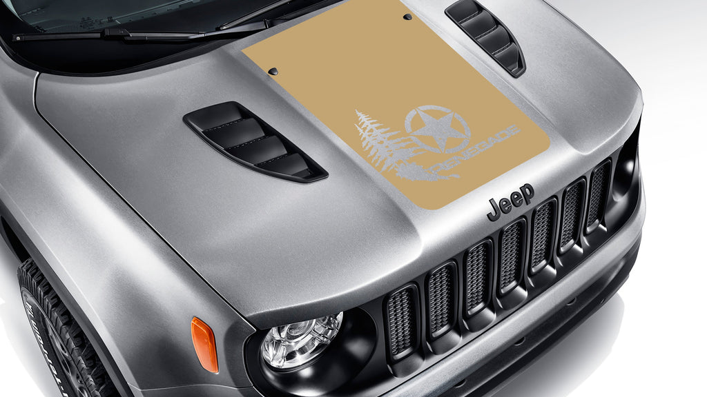 Light brown distressed star with pine trees blackout hood decal on silver Jeep Renegade hood