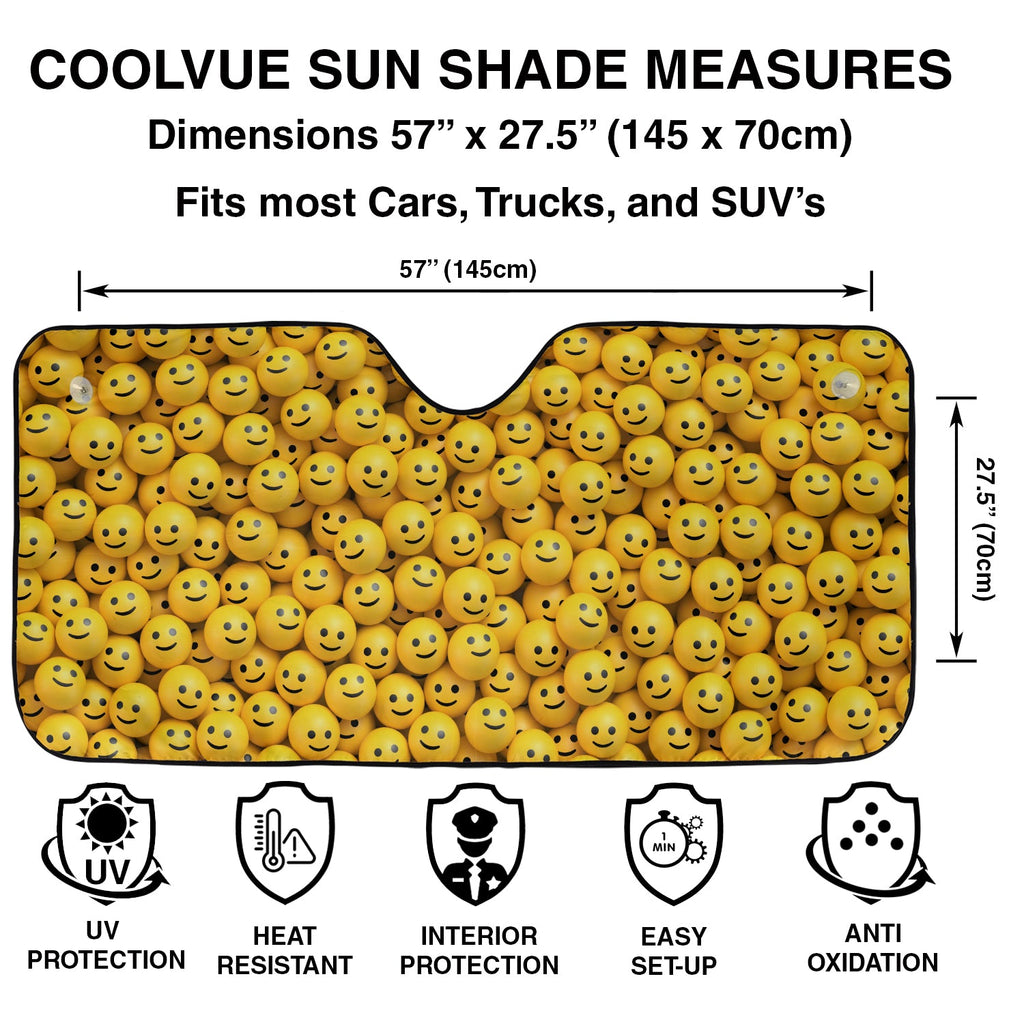 Happy Smiley Faces windshield sunshade specs panel with 57 by 27.5 inch dimensions and UV protection icons