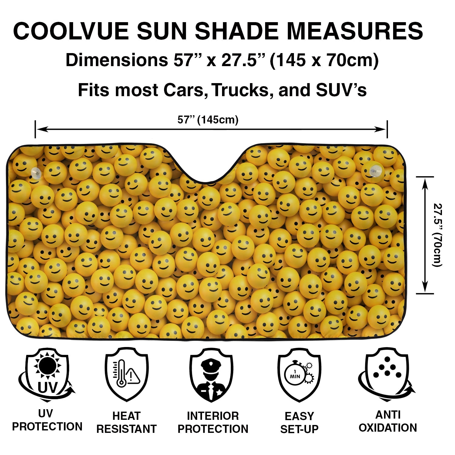 Happy Smiley Faces windshield sunshade specs panel with 57 by 27.5 inch dimensions and UV protection icons