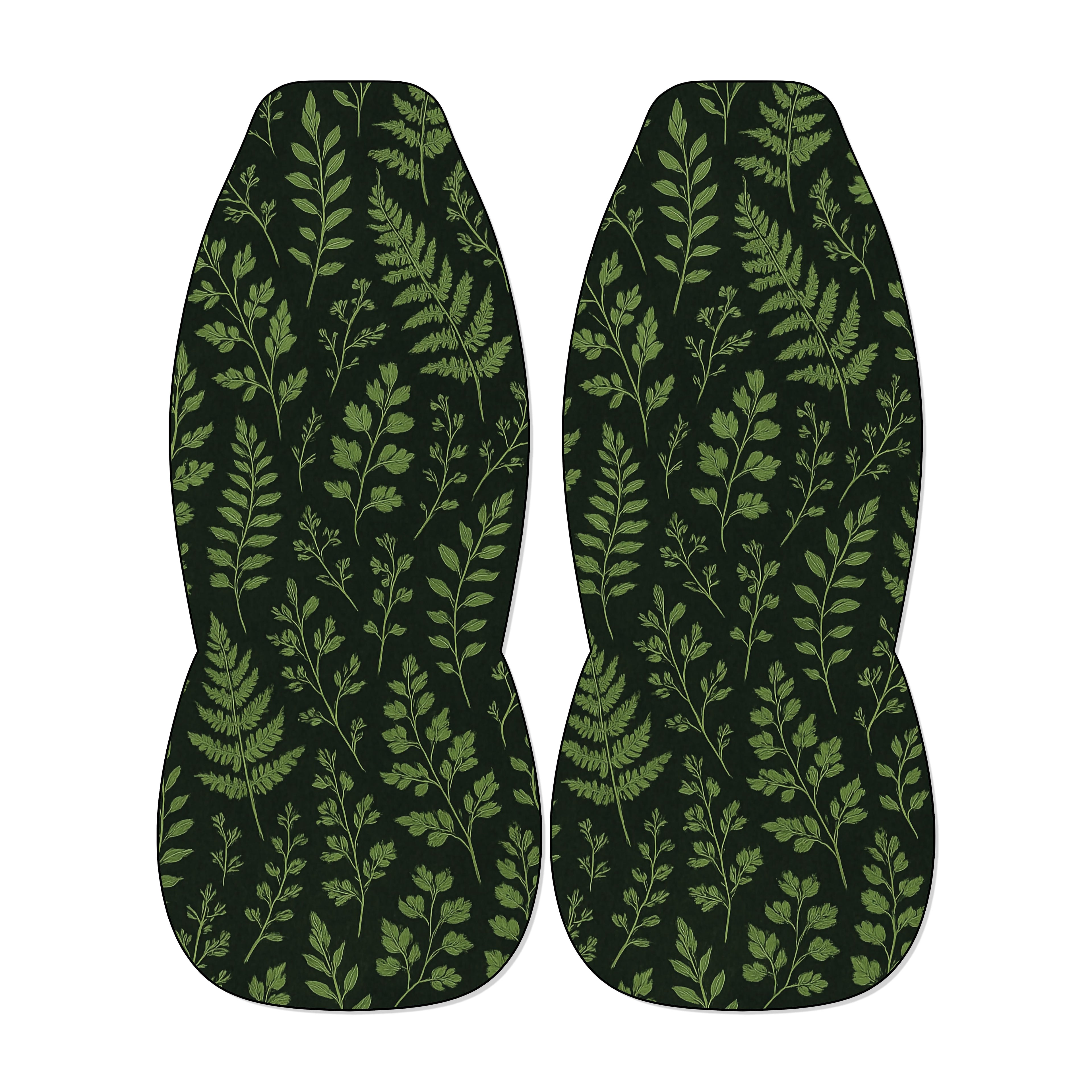 two identical car seat covers with a repeating pattern of green leaves and branches.