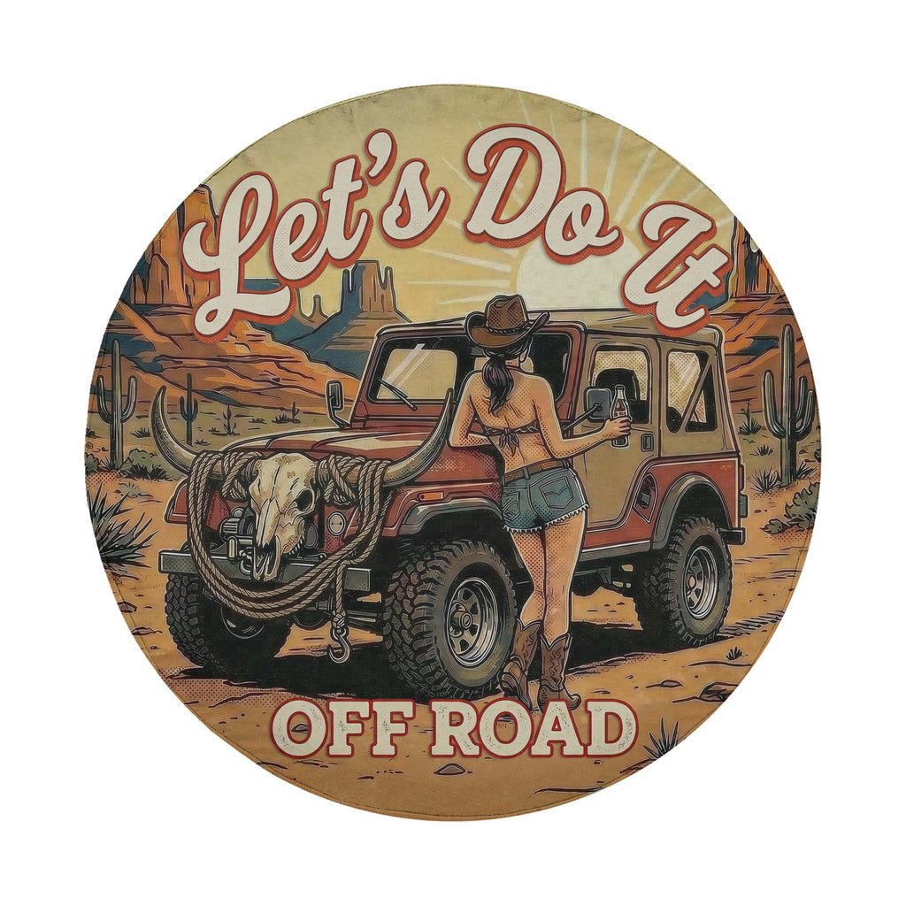 A woman in a cowboy hat stands next to a red off-road vehicle in a desert landscape, with the text "Let's Do It" and "OFF ROAD" displayed prominently.