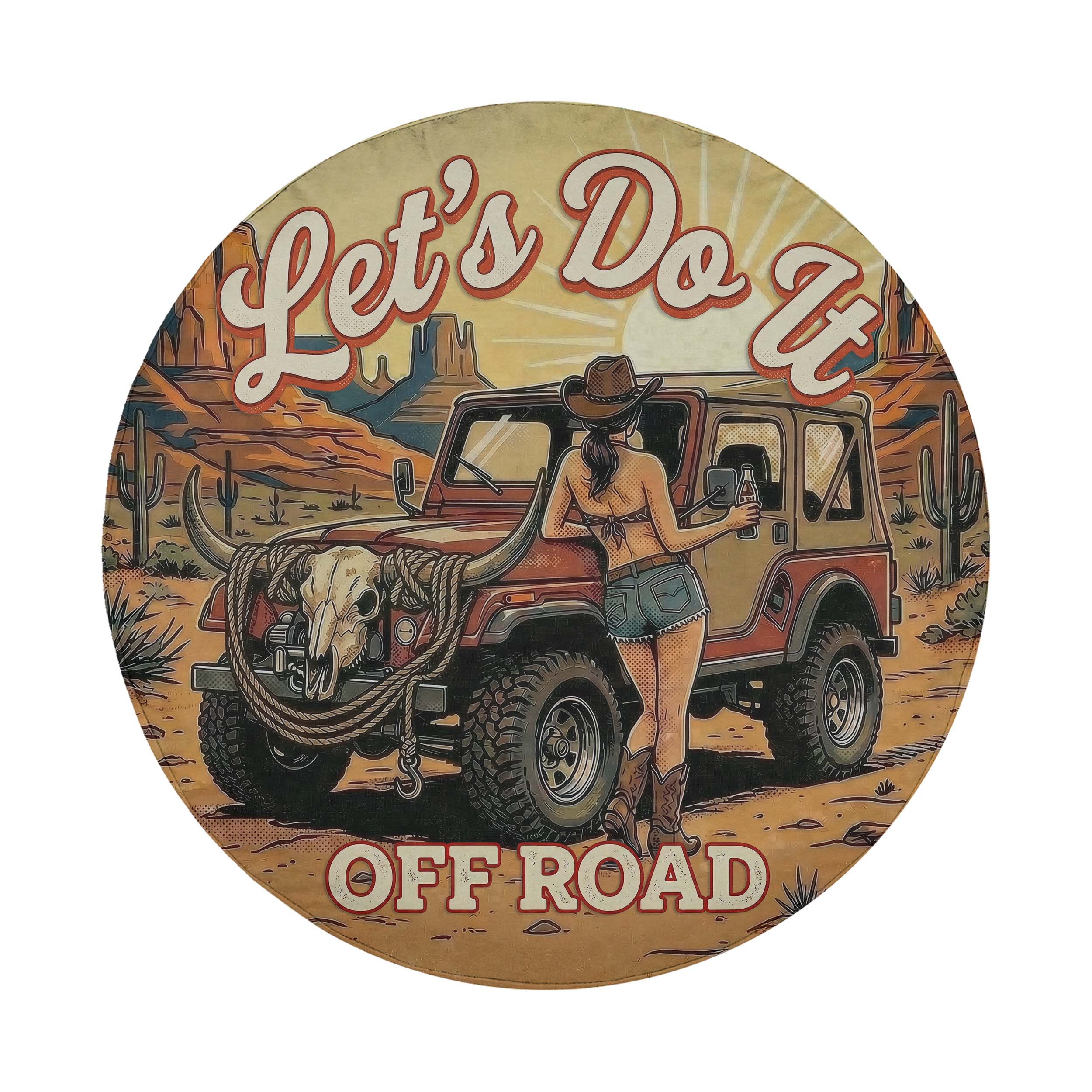 A woman in a cowboy hat stands next to a red off-road vehicle in a desert landscape, with the text "Let's Do It" and "OFF ROAD" displayed prominently.