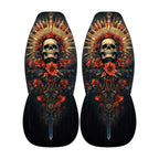 a pair of dark-colored shoes with a skull design and floral elements on the sides.