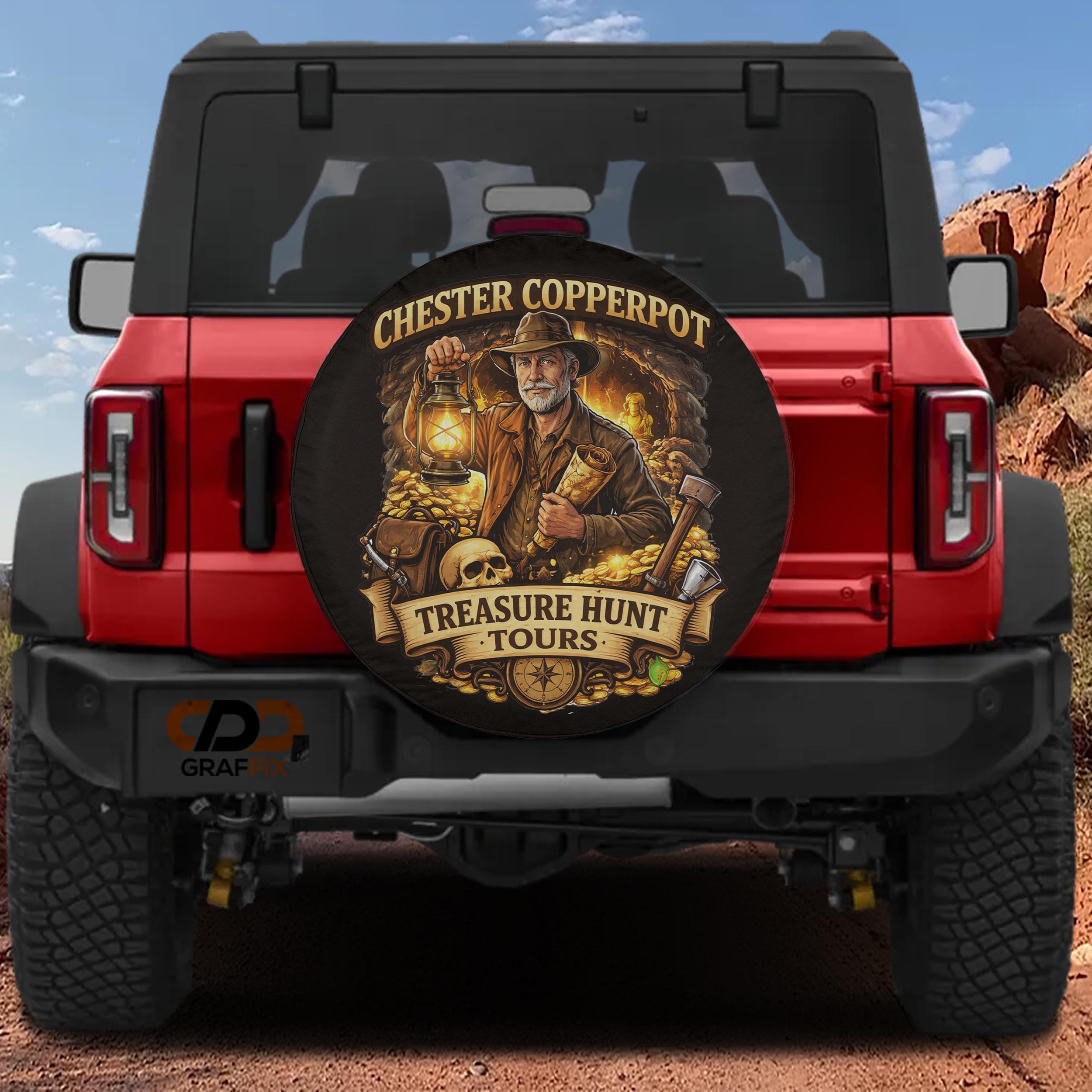 a red Jeep Wrangler with a large tire cover on the rear of the vehicle. The cover has an illustration of a man in a cowboy hat and a shovel, along with the text "CHESTER COOPERPOT" and "TRESURE HUNT TOUR".