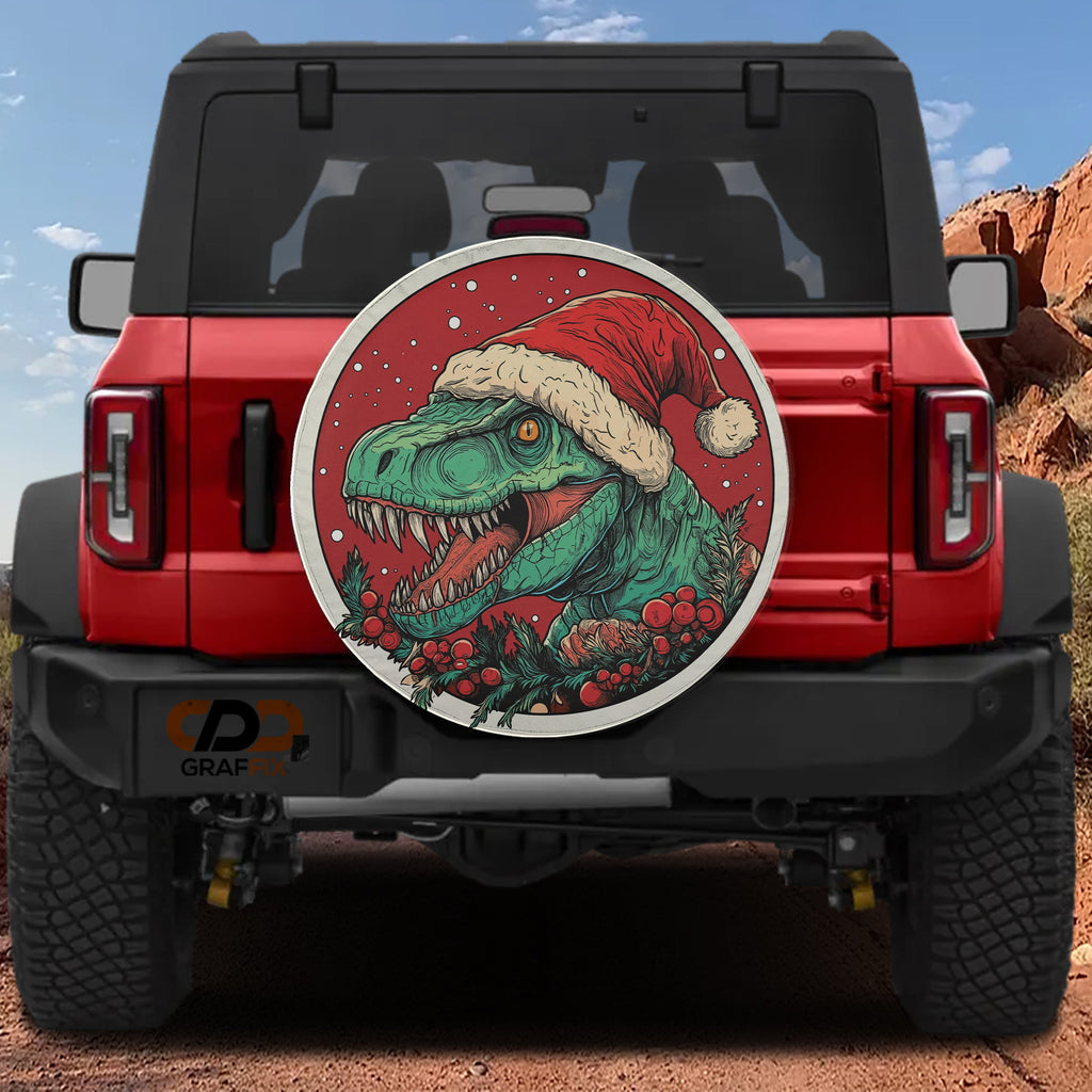 Red Ford Bronco rear with Dino Claus T-Rex Christmas spare tire cover featuring Santa hat and holly