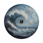 Tidal Wave spare tire cover flat art with backup camera cutout, painted breaking wave, seabirds and cloud sky