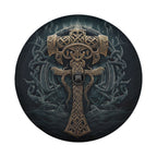 a detailed and intricate design of a cross-like symbol, surrounded by swirling patterns and flames, creating a visually striking and captivating artwork.