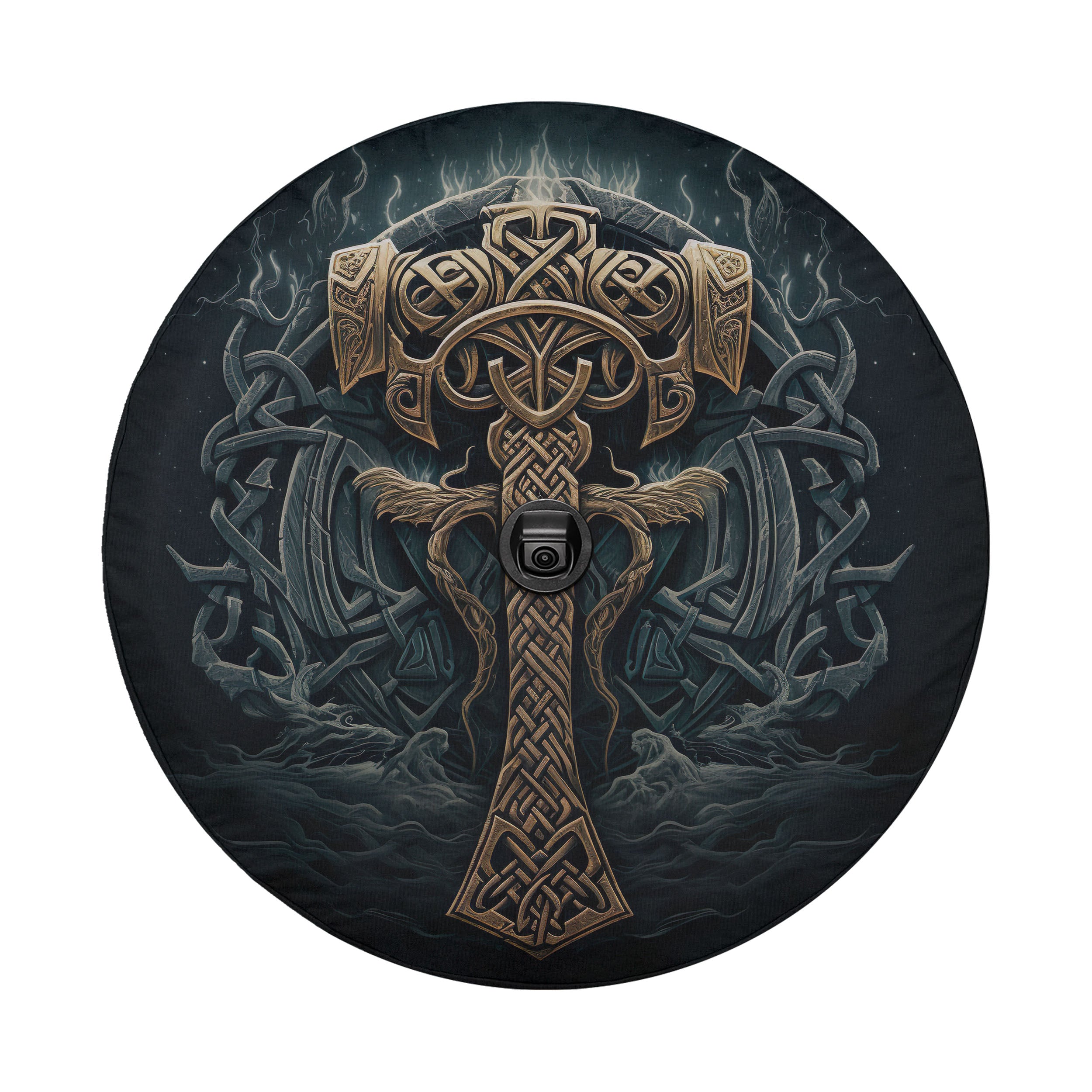 a detailed and intricate design of a cross-like symbol, surrounded by swirling patterns and flames, creating a visually striking and captivating artwork.