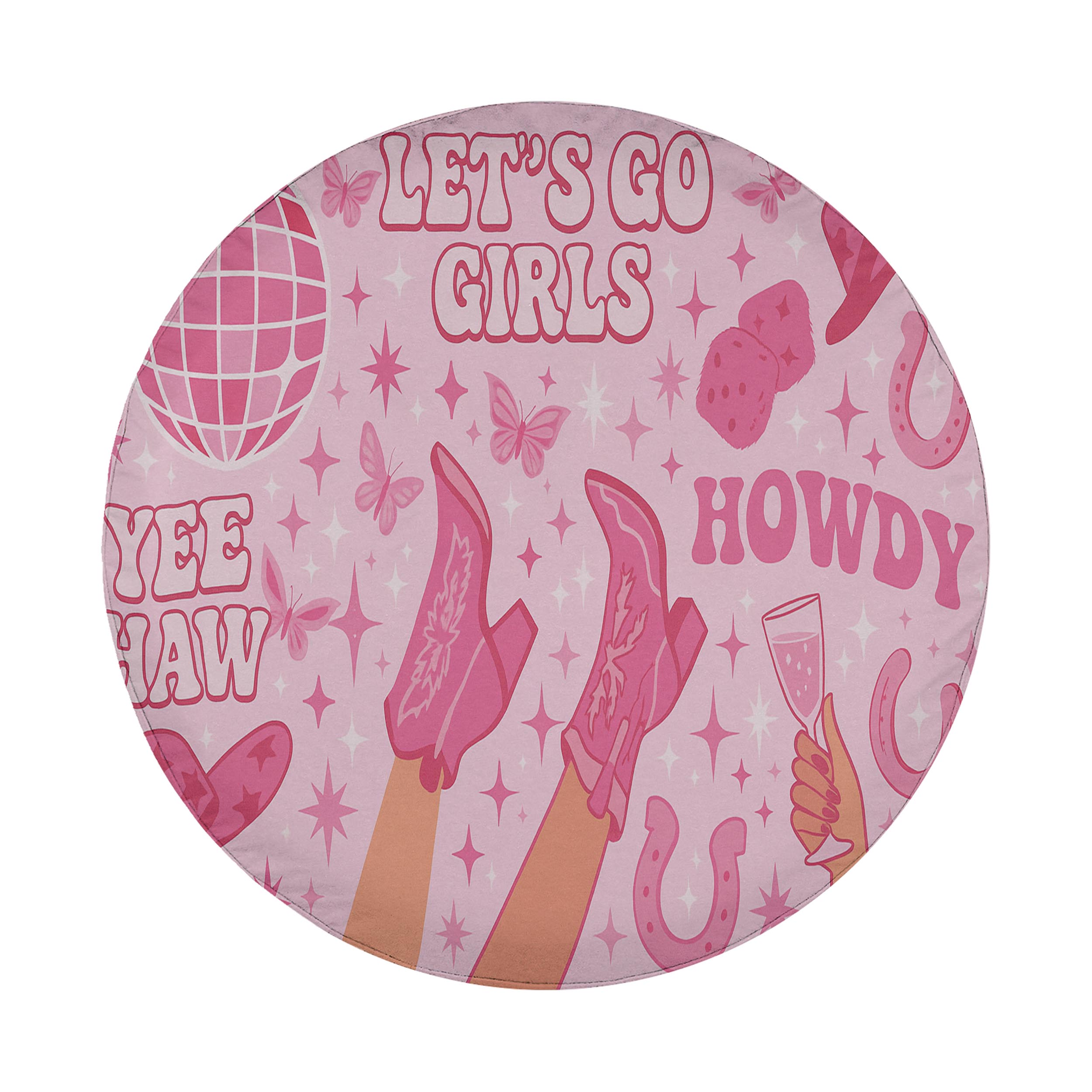The image is a collage of various pink-themed illustrations, including a globe, butterflies, cowboy boots, and the words "Let's go girls" and "Howdy".