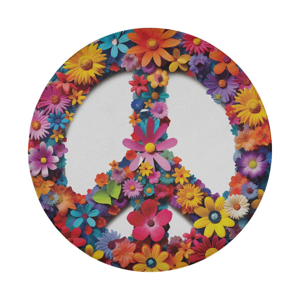 Daisy peace sign spare tire cover artwork built from rainbow flowers on plain white circular backdrop