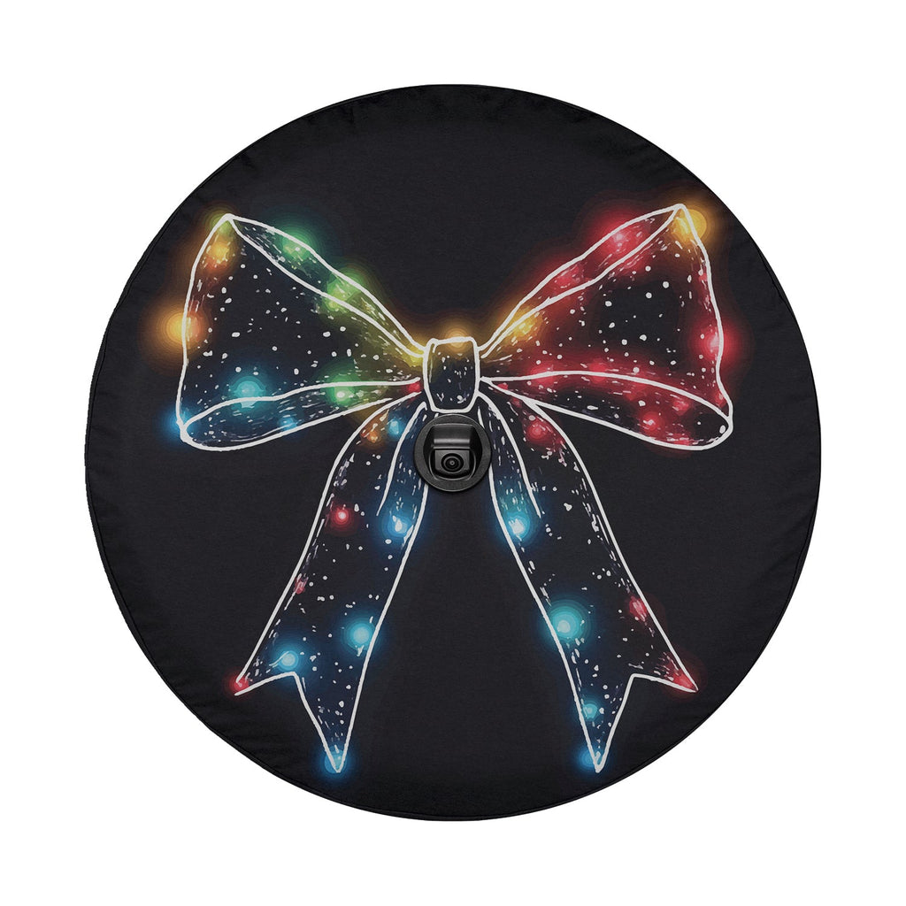 Christmas Lights Bow spare tire cover Jeep Wrangler rear scene showing colorful glowing ribbon bow art