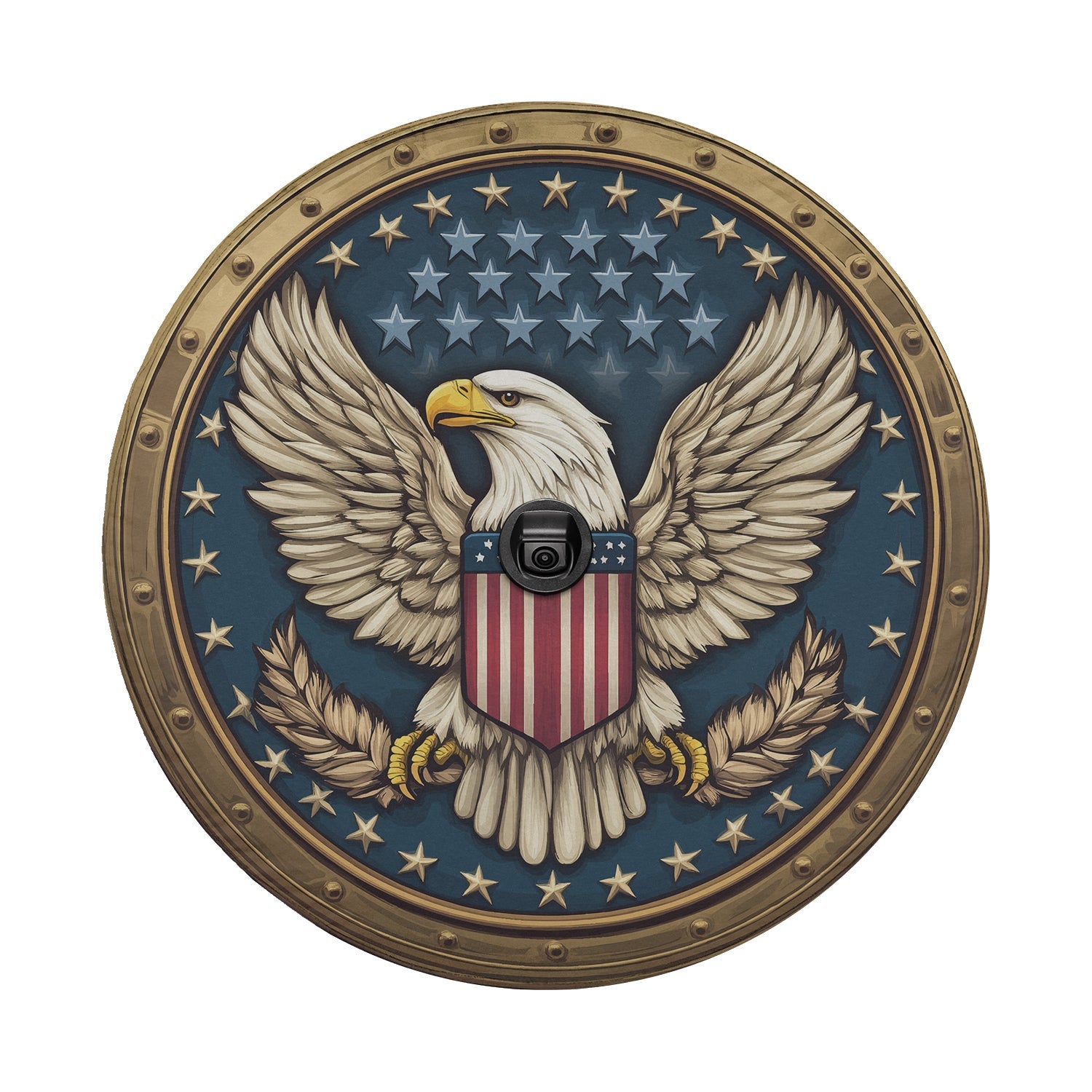 American Freedom Seal spare tire cover laid flat showing the soaring eagle and American flag design across the surface