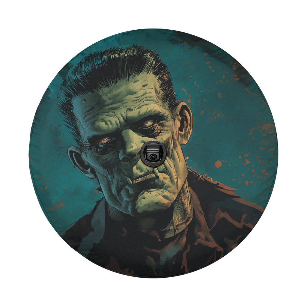 Frankenstein's Monster spare tire cover view with classic green monster bolt-neck face and cutout