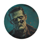 Frankenstein's Monster spare tire cover view with classic green monster bolt-neck face and cutout