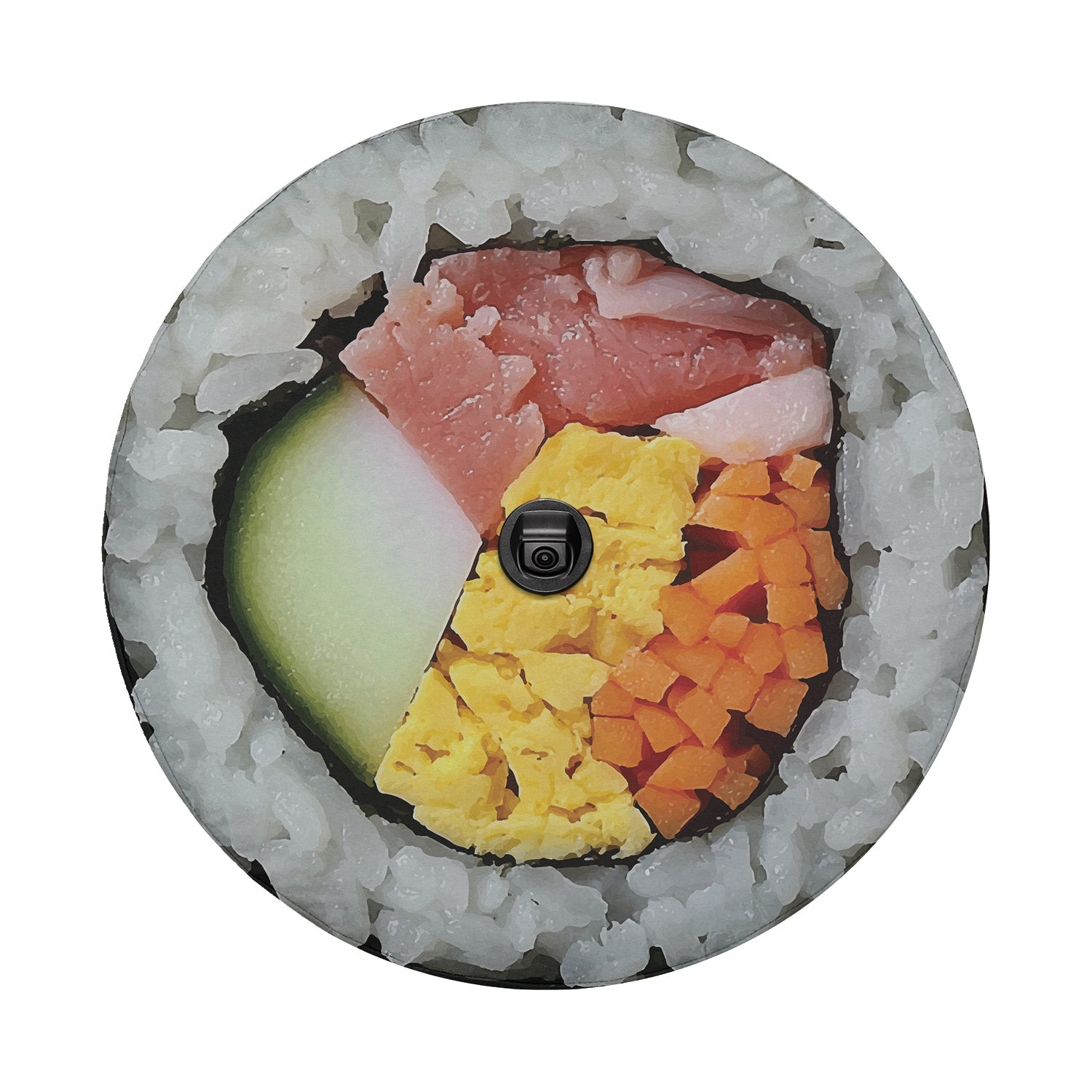 Kimbap sushi roll spare tire cover on red Ford Bronco tailgate desert mockup showing round print