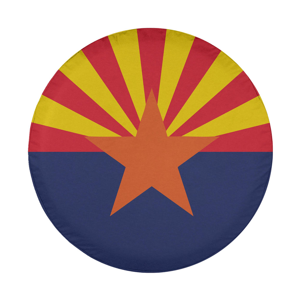 Arizona State Flag spare tire cover round design with red yellow sunrise rays and copper star on blue