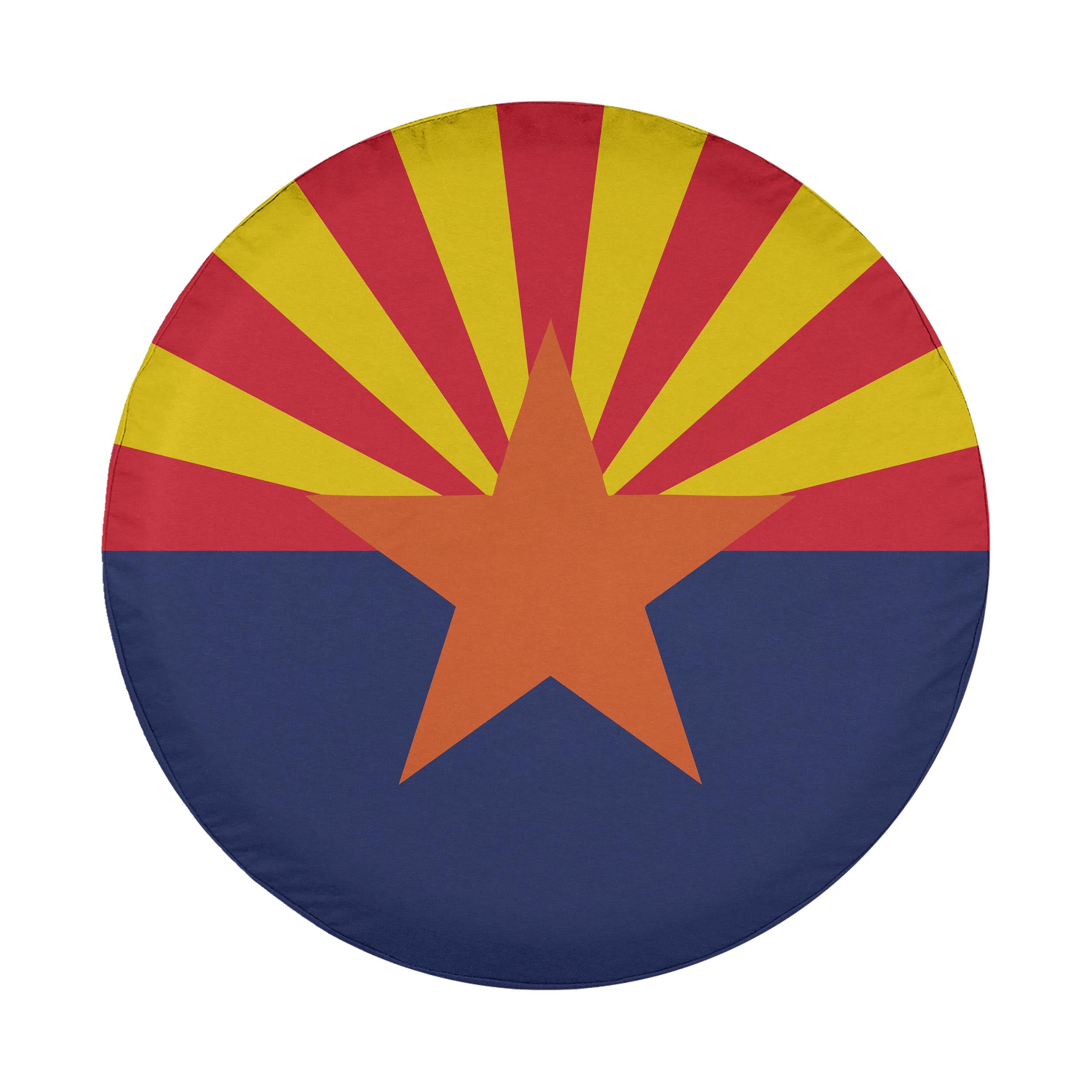Arizona State Flag spare tire cover round design with red yellow sunrise rays and copper star on blue